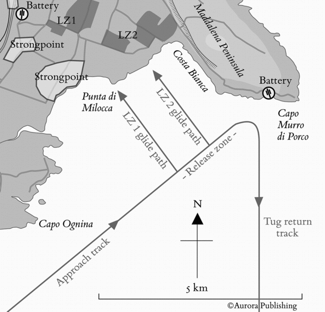 Gliders in Sicily - map of Operation Ladbroke release zone
