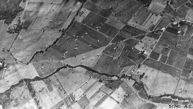 Aerial photograph of LZ O in Operation Dragoon, showing landed Waco and Horsa gliders